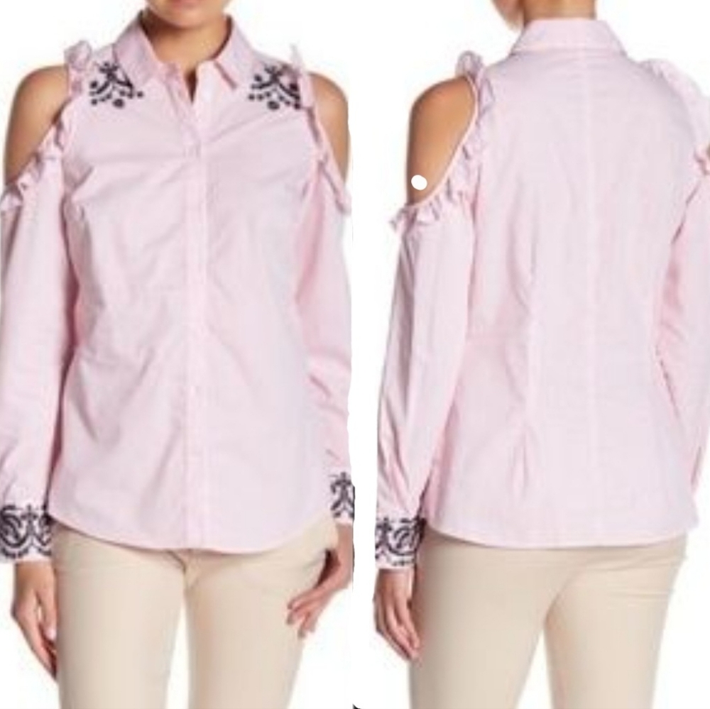 Nanette Lepore Cold Shoulder Embroidered Flamingo Dream Shirt S